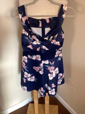TRAC Navy Blue Floral Short Romper with Cross Front Bodice